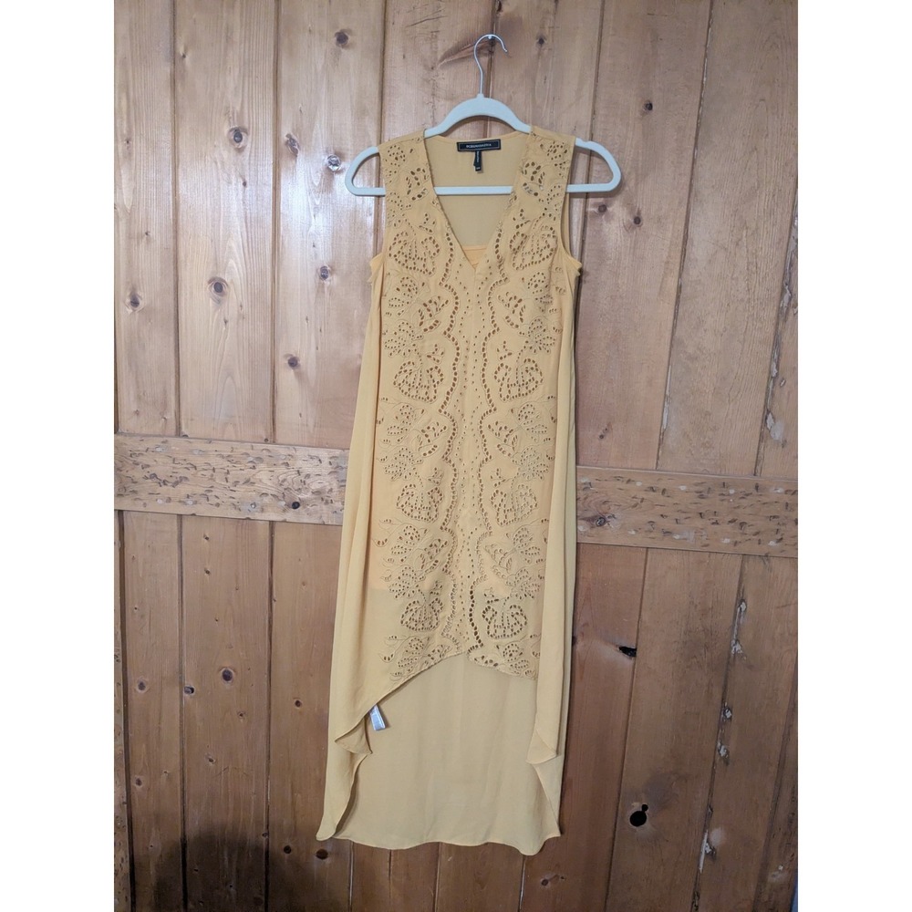 BCBGMAXAZRIA Women's Sleeveless Dress Yellow Eyelet Details Wedding Guest XXS